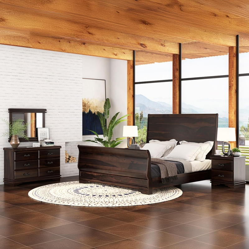 Bedroom Set Dark Wood Toned Sleigh Back Silhouette Rustic Style