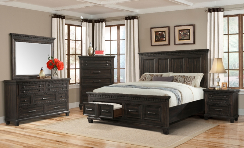 Bedroom Set Espresso Grid Paneled Upholstered Headboard Storage Footboard