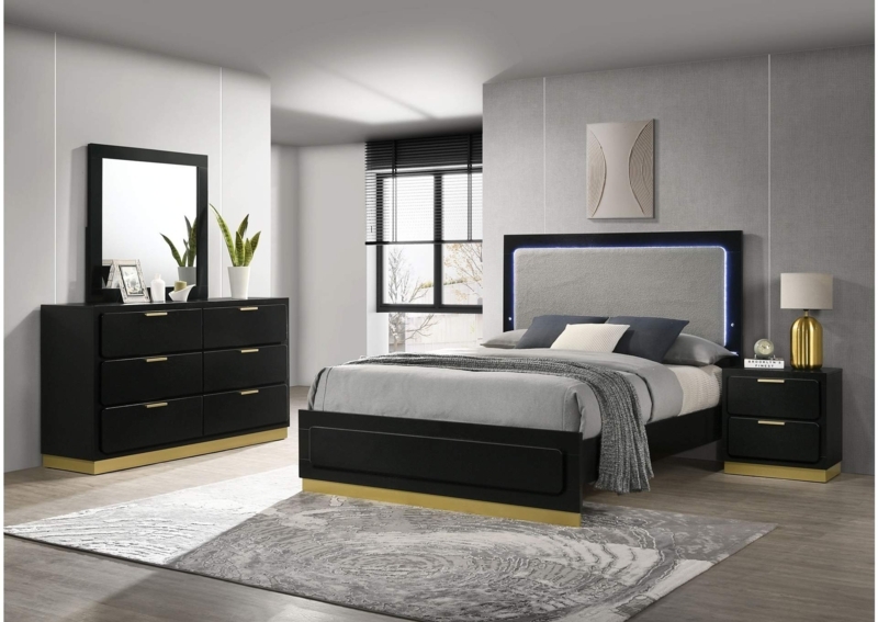 Bedroom Set Gold Toned Plinth Base LED Lit Headboard Upholstered
