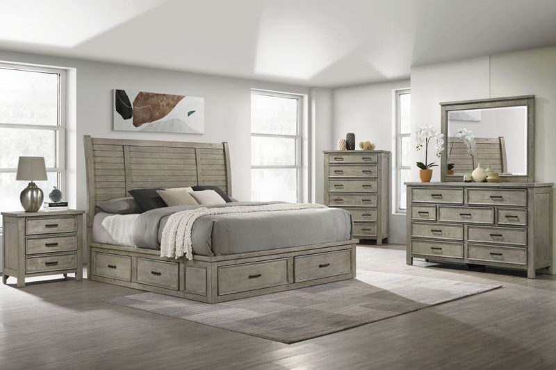 Bedroom Set Gray Storage Drawers Weathered Wood Grain Cup Pulls