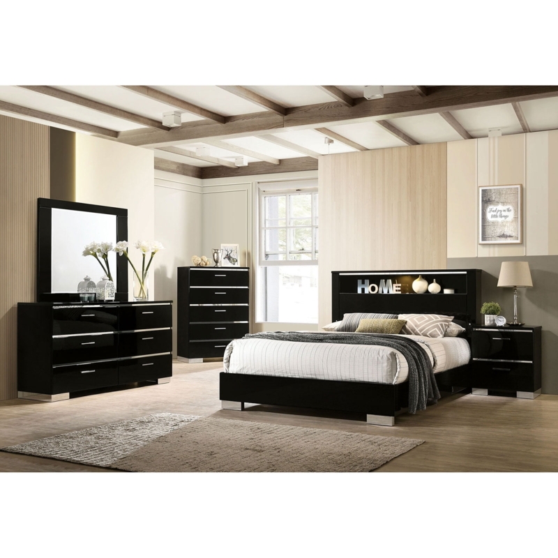 Bedroom Set High-Gloss Black Lacquer Illuminated Headboard Modern