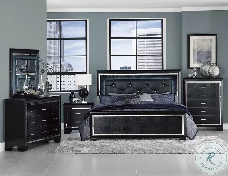 Bedroom Set Mirror Trim Croc-Embossed LED Lighting Modern Glam