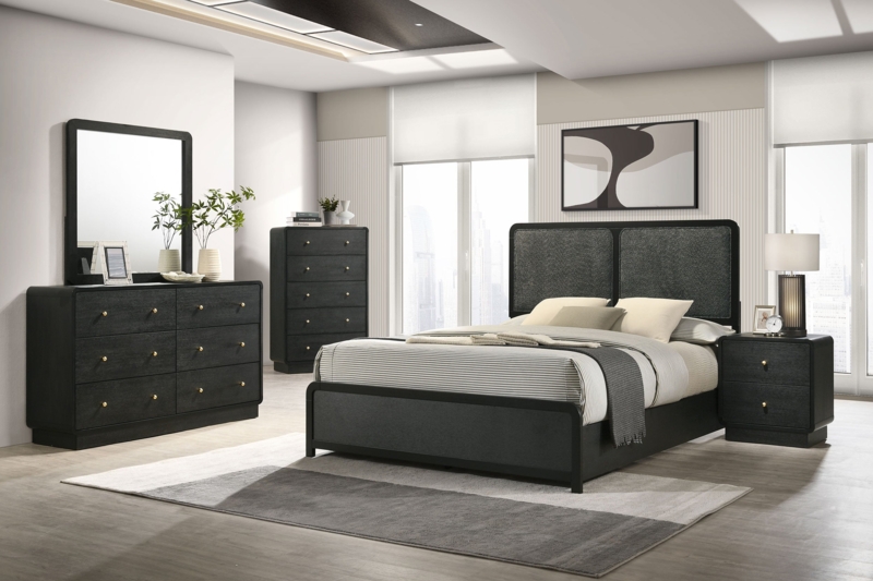 Bedroom Set Modern Black Matte Finish with Curved Corners and Gold Knobs