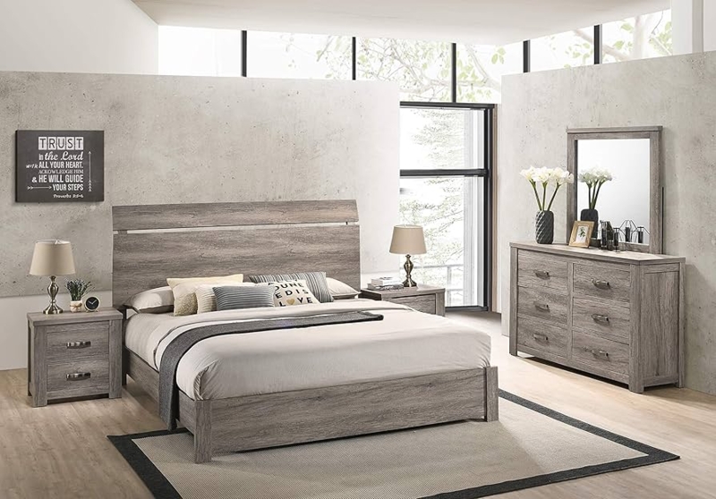 Bedroom Set Slat Headboard Design Weathered Gray Contemporary Style