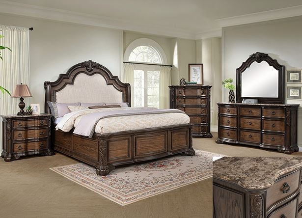 Bedroom Set Traditional Stone Look Top Arched Fabric Headboard
