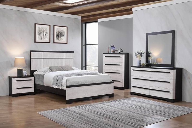 Bedroom Set Two-Tone Rustic Modern Grid Headboard & Storage