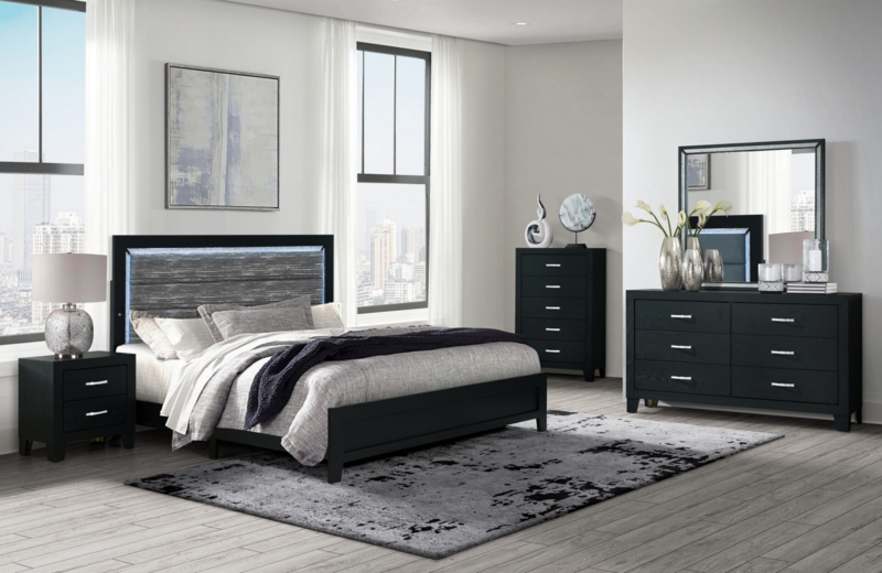 Bedroom Set Urban Contemporary Matte Black with Wood Grain Inlay LED