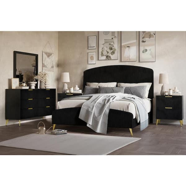 Bedroom Set Vertically Ribbed Matte Finish Gold Tapered Legs