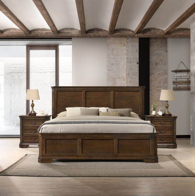 Bedroom Set Walnut Brown Three Piece Panel Bed Rustic