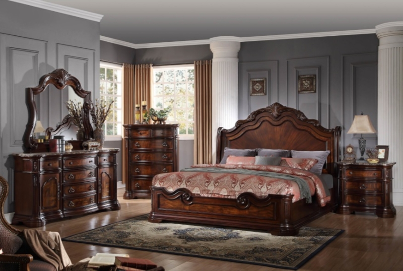 Bedroom Set Walnut Finish Marble Top Dresser Traditional Furniture