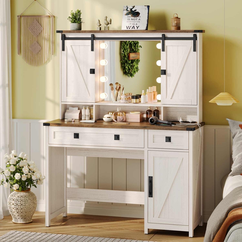 Bedroom Vanity with Barn Door Cabinet and Sliding LED Mirror