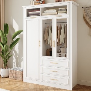 Bedroom Wardrobe with Lights, Glass Panels, Gold Handles.