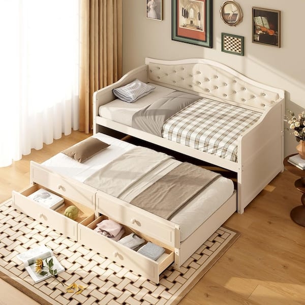 Beige Arched Backrest Daybed with Button Tufting and Trundle