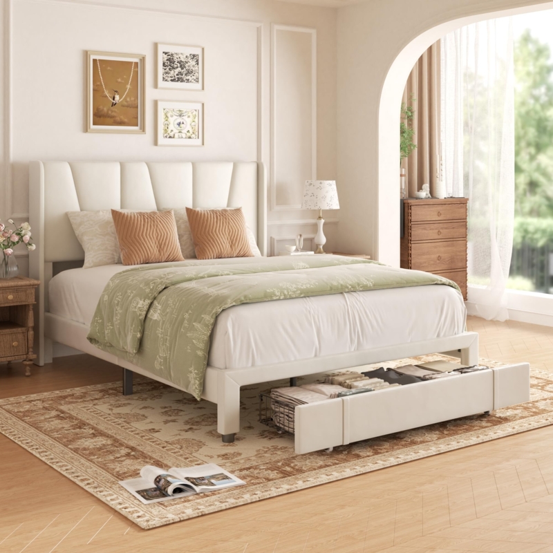 Beige Channel Tufted Bed Upholstered Platform With Storage Drawer Wingback