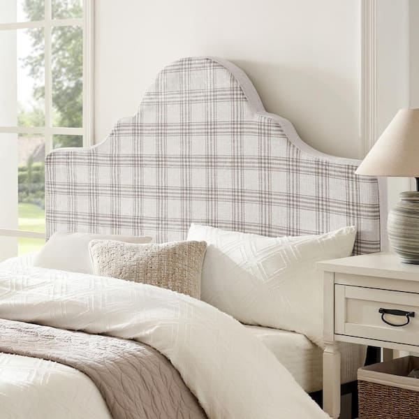 Beige Check Camelback Headboard in Traditional Farmhouse Style