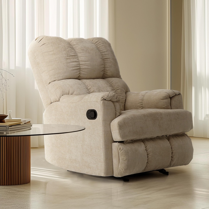 Beige Chenille Overstuffed Recliner Chair, Manual
