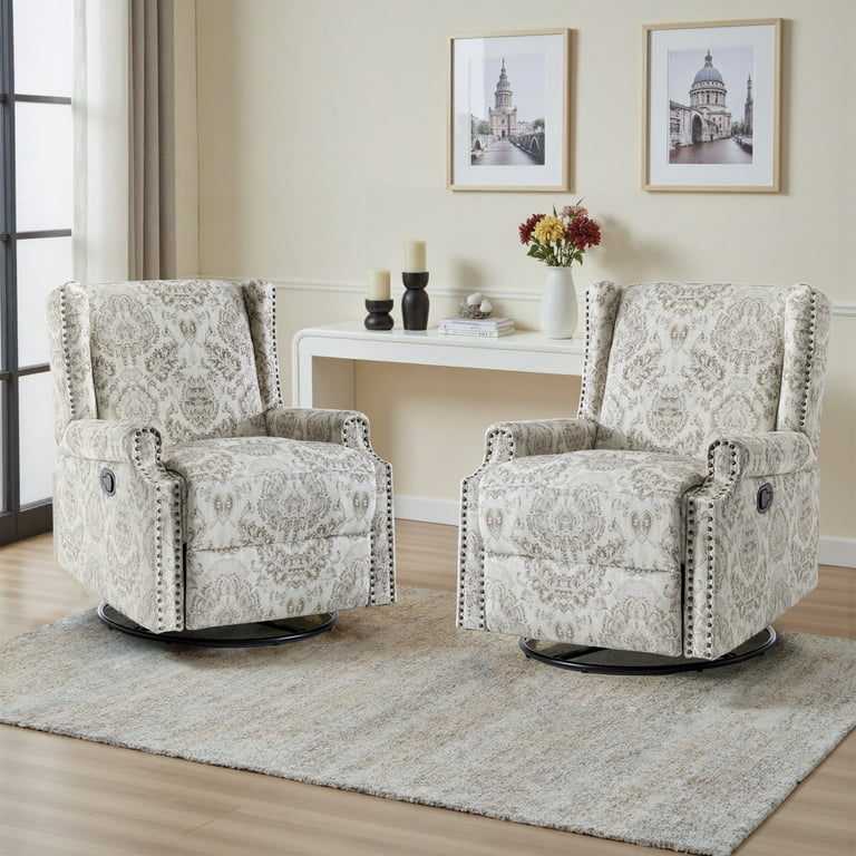 Beige Damask Swivel Rocker Recliner with Wingback Silhouette