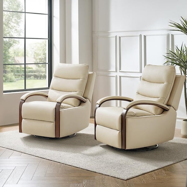 Beige Leather-Like Manual Swivel Recliner with Curved Wooden Arm Accents