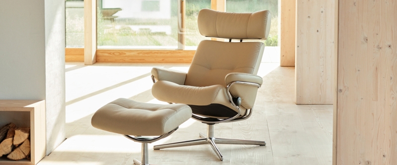 Beige Leather Recliner Set With Matching Ottoman And Chrome Star Base
