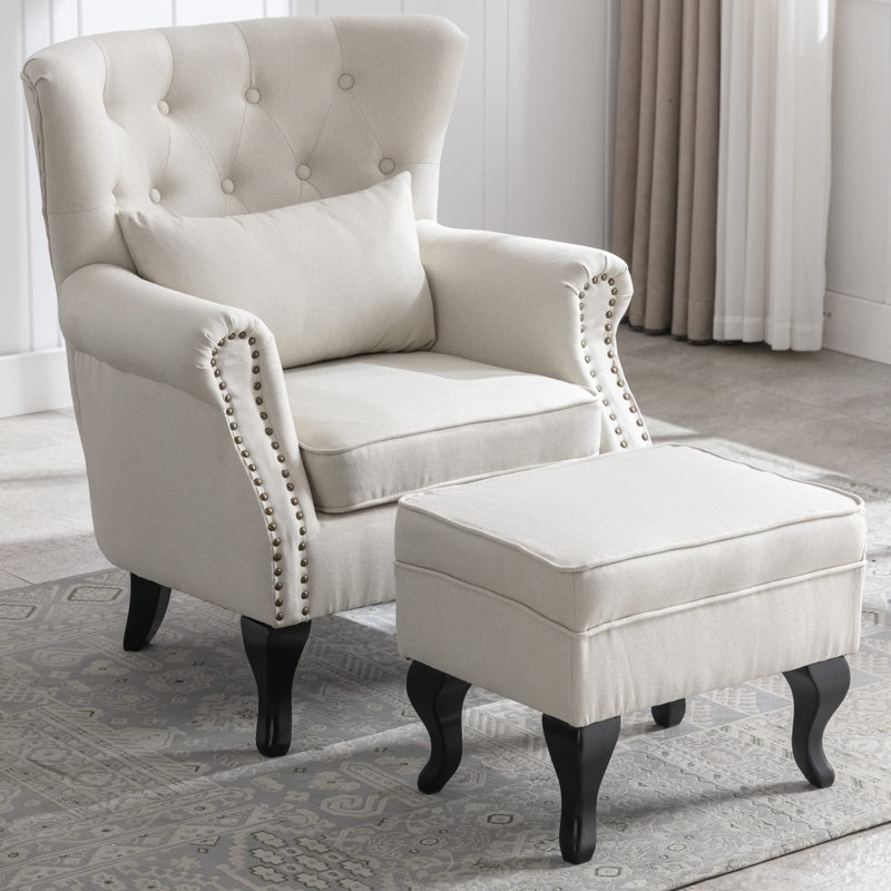 Beige Linen Accent Chair Wingback Scrolled Arms Nailhead Trim