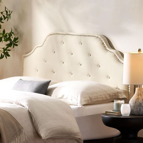 Beige Linen Adjustable Height Headboard with Camelback Nailhead Trim