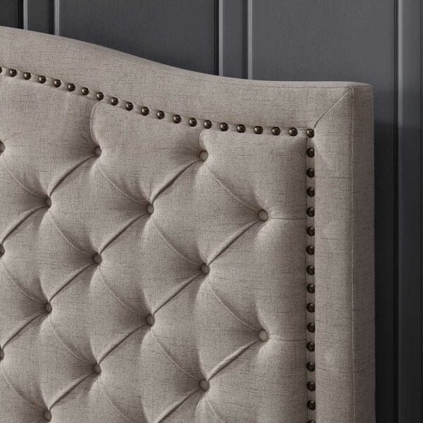 Beige Linen-Like Headboard with Diamond Tufting and Nailhead Trim