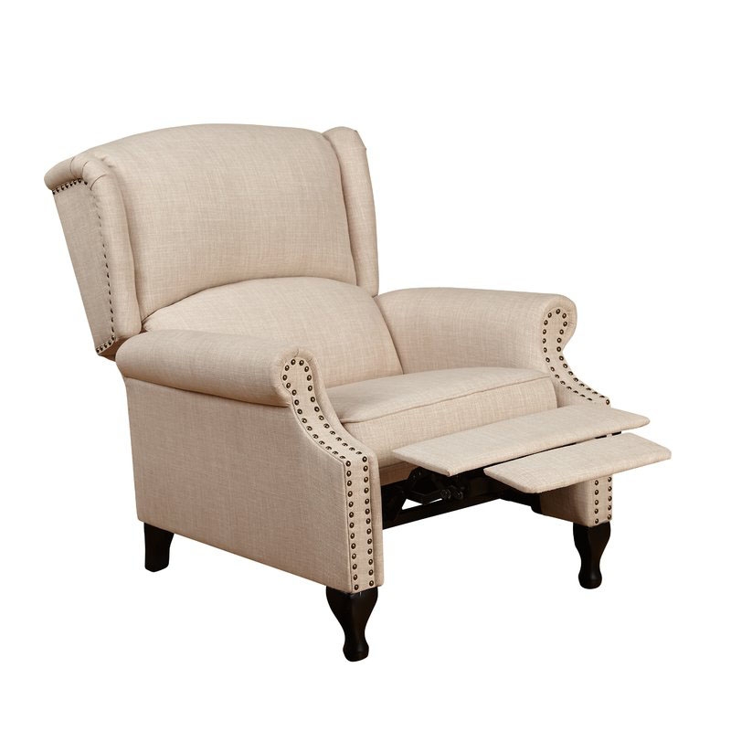 Beige Linen-Like Wingback Recliner with Nailhead Trim and Footrest