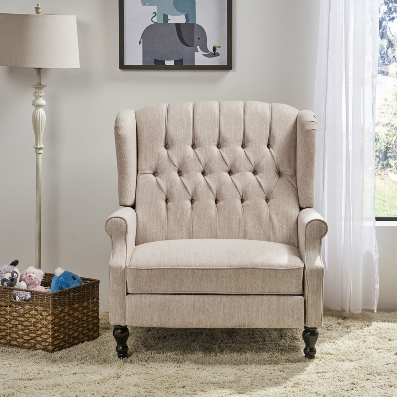 Beige Linen Recliner with Diamond Button Tufting Details