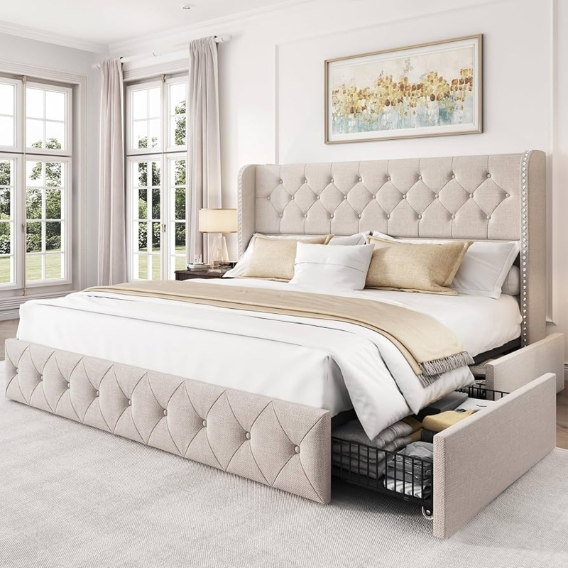 Beige Linen Wingback Storage Bed with Diamond Tufting