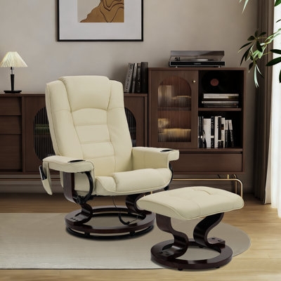 Beige Massage Recliner with Ottoman & Integrated Cup Holders