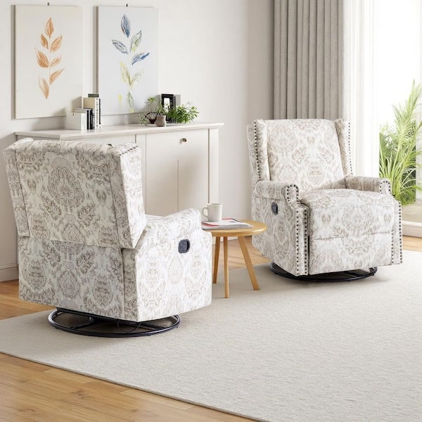 Beige Patterned Recliner Set: Damask Swivel Wingback Chairs with Trim