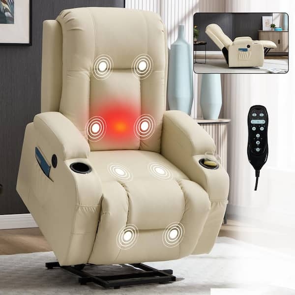 Beige Power Lift Chair Leather Like Massage Heat Cup Holders Matte