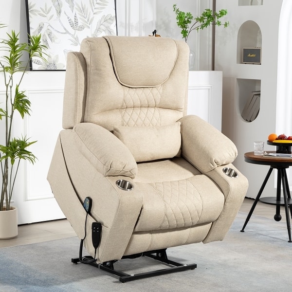 Beige Power Lift Recliner Diamond Quilted Fabric with Cup Holders