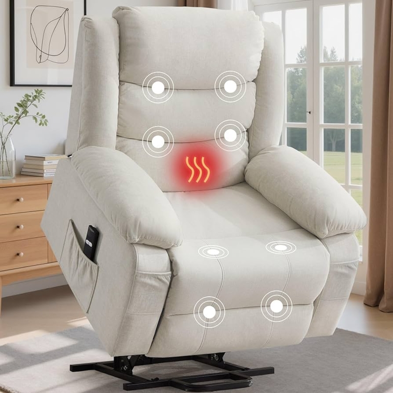 Beige Power Lift Recliner with Massage Heat Assist and Side Pocket