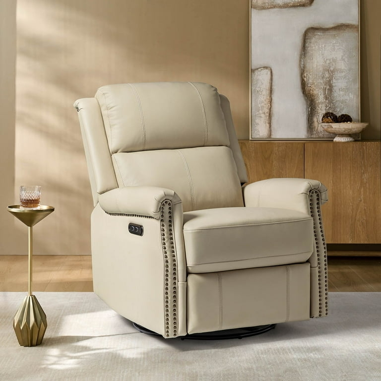 Beige Power Swivel Recliner Chair with USB Port and Nailhead Trim
