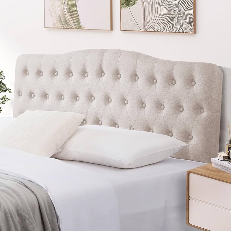 Beige Tufted Headboard, Scalloped Silhouette, Diamond Pattern, Linen Look