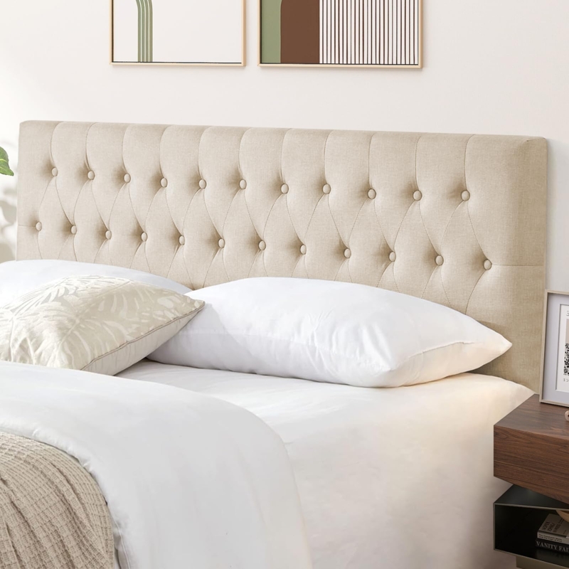 Beige Tufted Headboard with Linen-Like Texture for Modern Bedroom