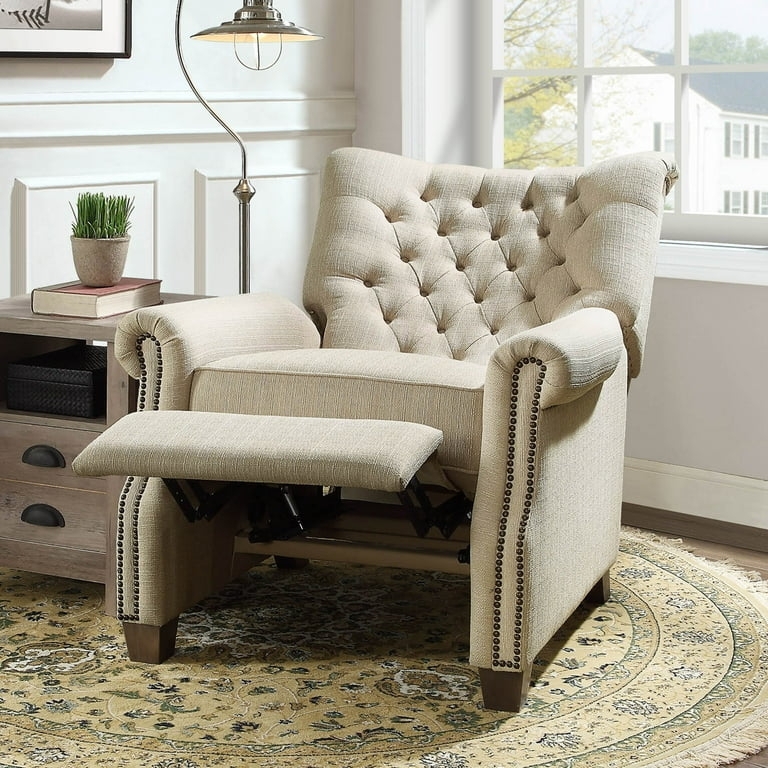 Beige Tufted Push Back Recliner with Nailhead Trim Details