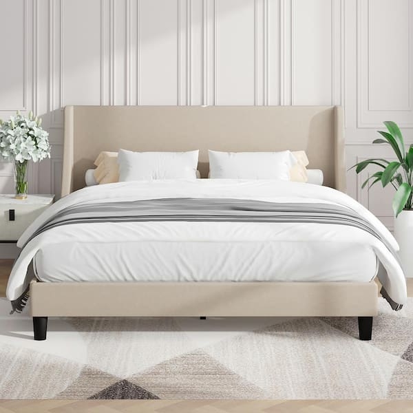 Beige Upholstered Bed Wingback Headboard Minimalist Bedroom Furniture