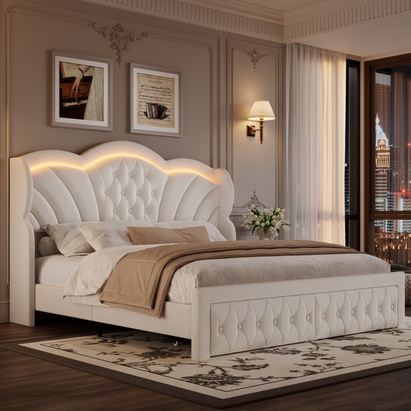 Beige Upholstered Bed with Scalloped Headboard and Integrated LED