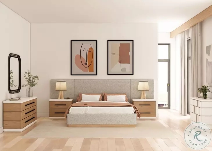 Beige Upholstered Bed with Three Panel Headboard Contemporary Style