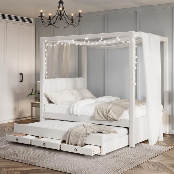 Beige Upholstered Canopy Bed with Integrated Trundle and Three Drawers