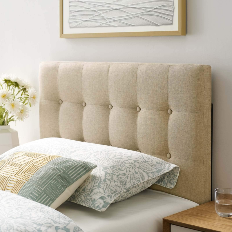 Beige Upholstered Headboard Button Tufted Vertical Seams