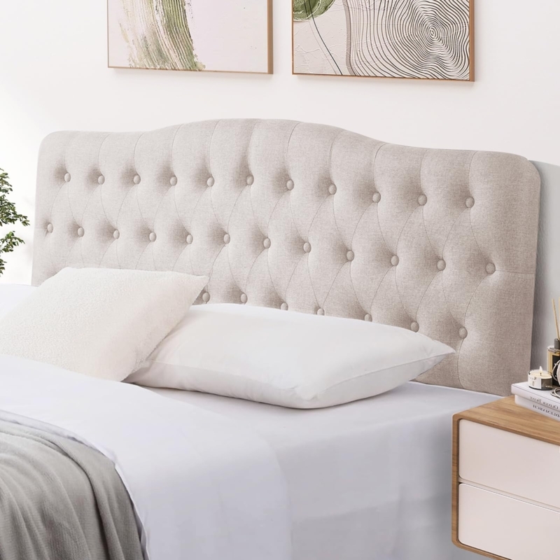 Beige Upholstered Headboard Curved Camelback Diamond Tufted Linen