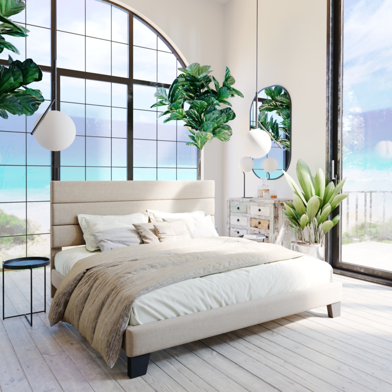 Beige Upholstered Platform Bed Channeled Headboard Coastal Style