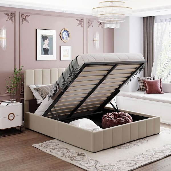 Beige Upholstered Storage Bed Channel Tufted Headboard Gas Lift