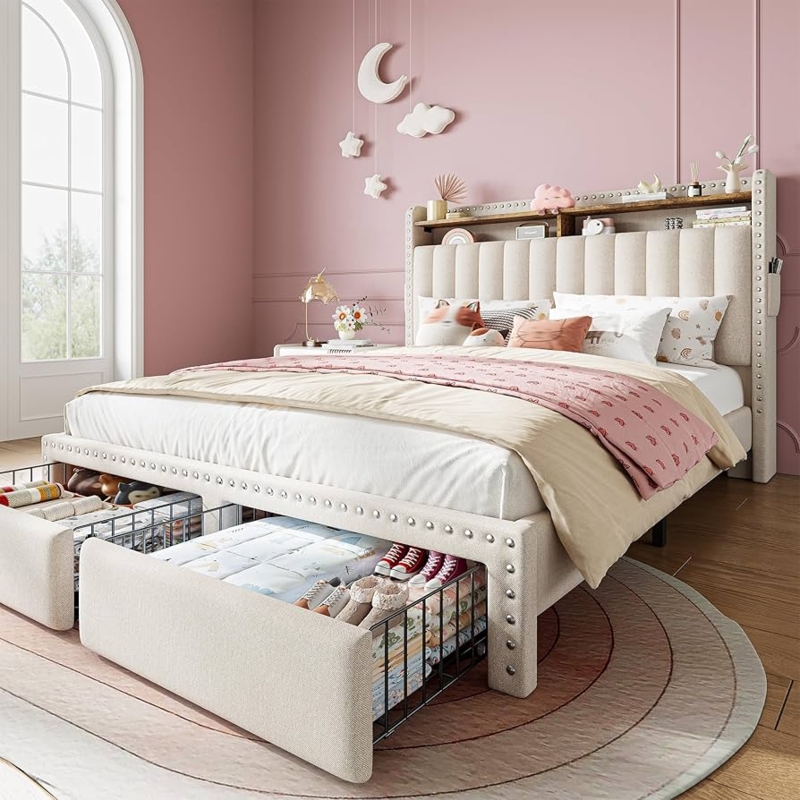 Beige Upholstered Storage Bed with Wire Drawers & Headboard Shelf