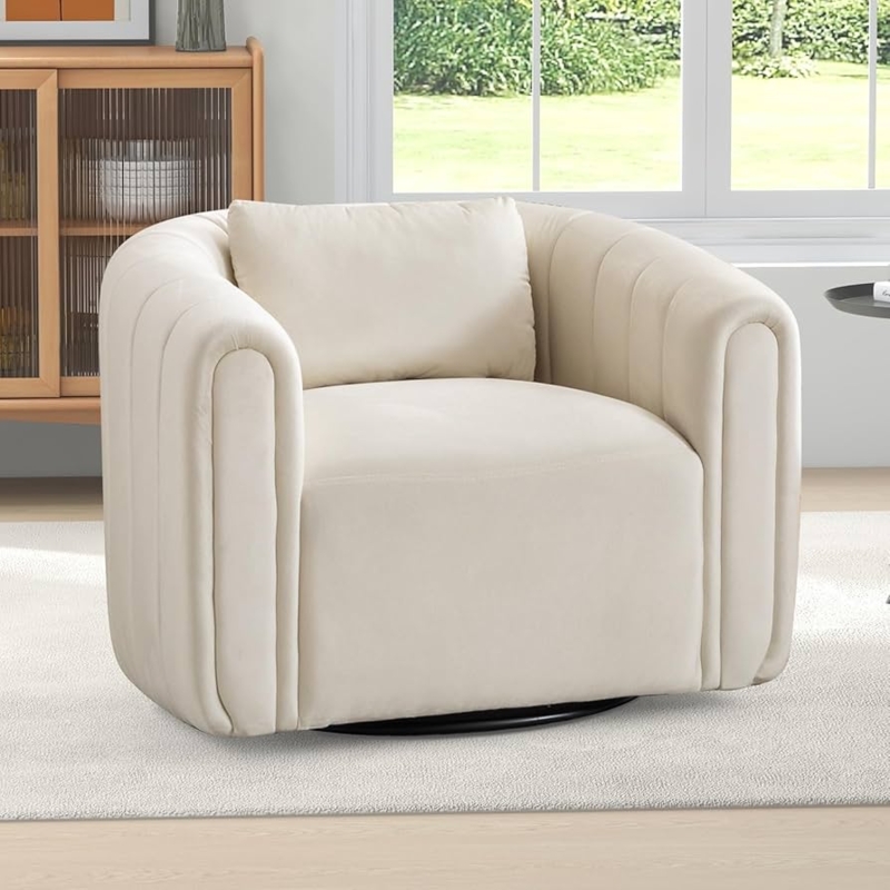 Beige Velvet Barrel Chair featuring Vertical Channeling