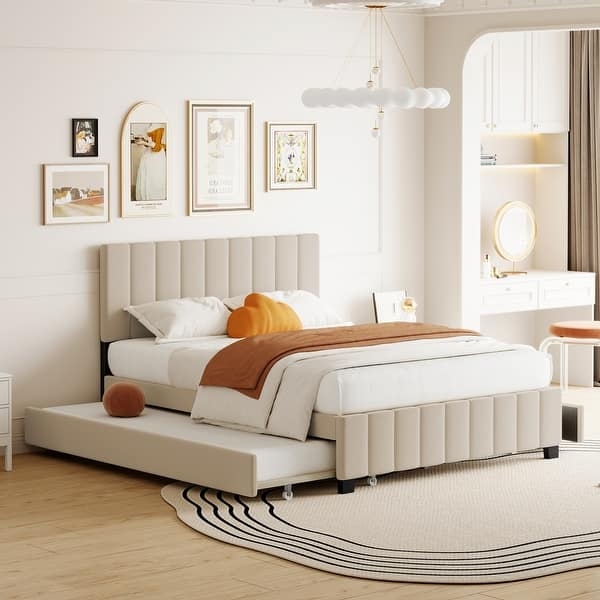 Beige Velvet Platform Bed with Pull Out Trundle Vertical Tufting