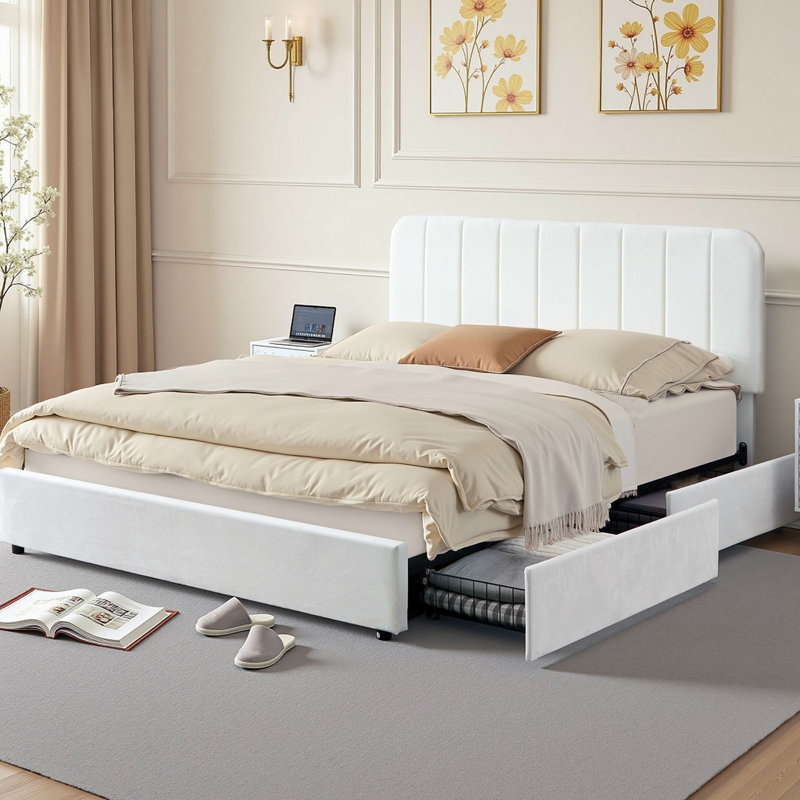 Beige Velvet Storage Bed with Channel Tufted Headboard